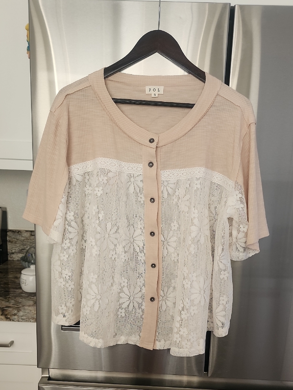 🥳POL Short Sleeve, Round Neck Short Sleeve Lace Top, Size S